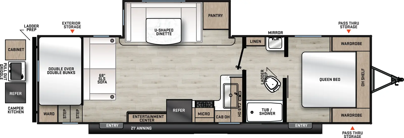 The 27BHS has one slideout and two entries. Exterior features front pass-thru storage, 21 foot awning, ladder prep, rear off-door side exterior storage, and rear camper kitchen with refrigerator, pull-out griddle, and cabinet. Interior layout front to back: foot-facing queen bed with wardrobes on each side and shelf above, and one entry; split full pass-thru bathroom with linen closet and mirror; off-door side slideout with pantry and u-shaped dinette; kitchen counter with sink and overhead cabinet wrap along inner wall to off-door side with microwave, cooktop, refrigerator, entertainment center and second entry; rear double over double bunks with steps and wardrobe, and a SLS Sofa in front.